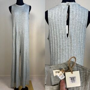 NWT World Market Sage Grey XL Pointelle Knit Sleeveless Wide Leg Jumpsuit Lounge